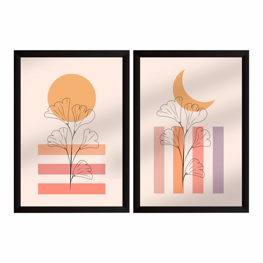 Ginkgo Botanical Wall Art Set of 2 | Minimalist Floral Line Art with Sun & Moon Prints