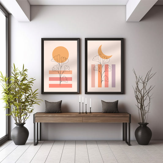 Ginkgo Botanical Wall Art Set of 2 | Minimalist Floral Line Art with Sun & Moon Prints