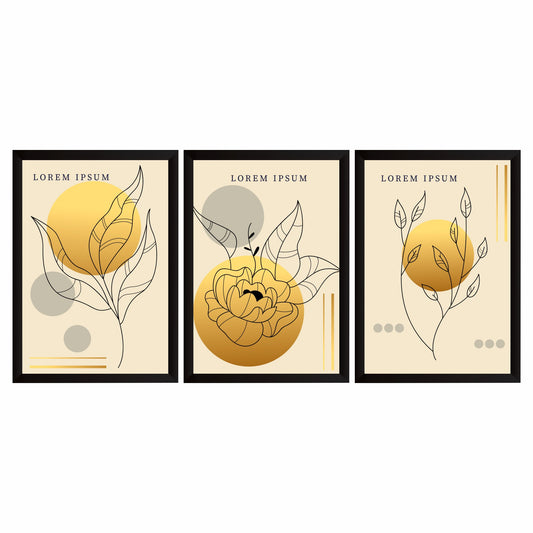 Abstract Floral Line Art Wall Art Set of 3 – Modern Golden Botanical Prints