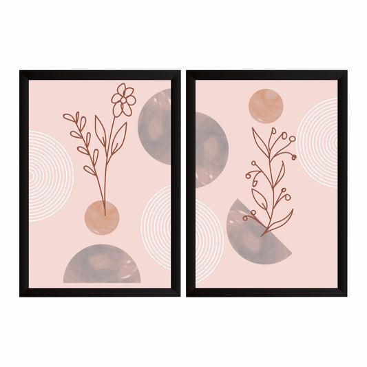 Botanical Floral Wall Art Set of 2 | Pink Minimalist Flower Line Art with Abstract Circles Prints