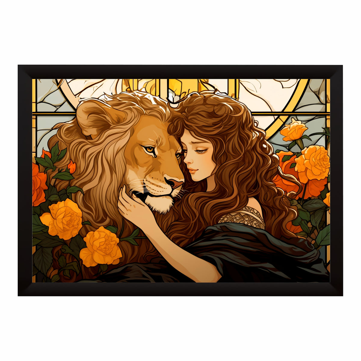 Lion & Woman Wall Art | Vintage Art Nouveau Style Love Artwork | Framed Romantic Wall Decor