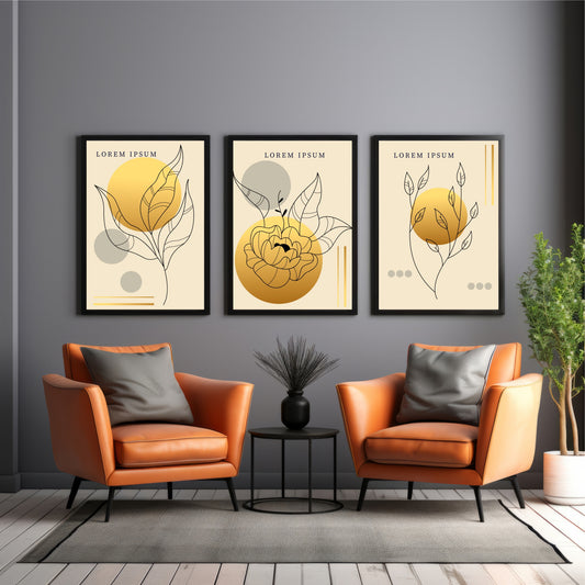 Abstract Floral Line Art Wall Art Set of 3 – Modern Golden Botanical Prints