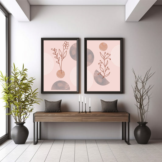 Botanical Floral Wall Art Set of 2 | Pink Minimalist Flower Line Art with Abstract Circles Prints