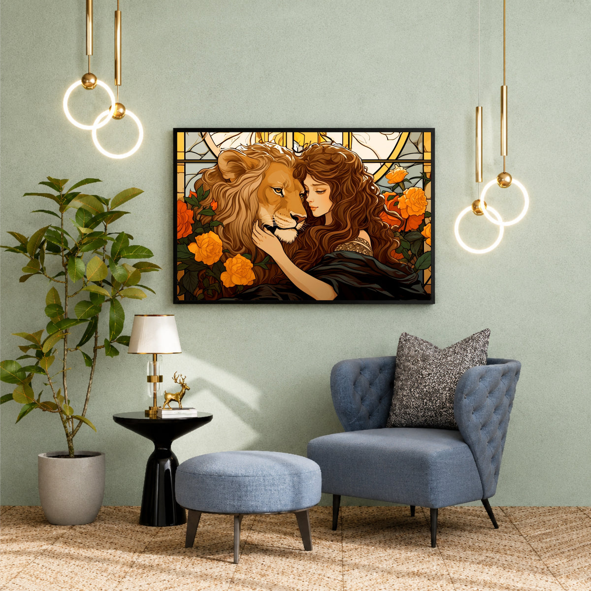 Lion & Woman Wall Art | Vintage Art Nouveau Style Love Artwork | Framed Romantic Wall Decor