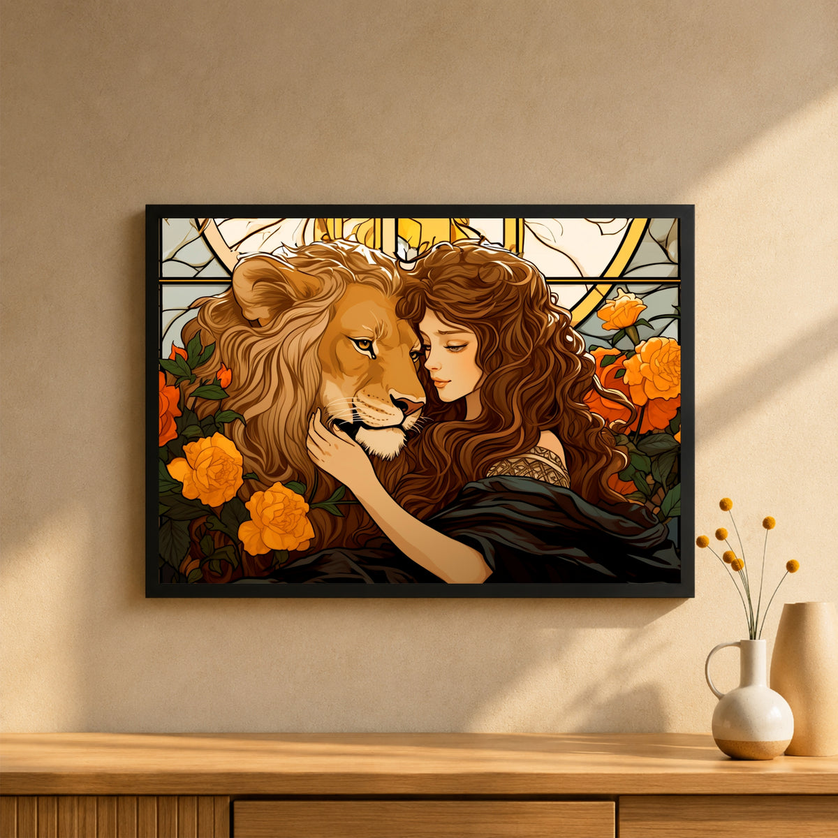 Lion & Woman Wall Art | Vintage Art Nouveau Style Love Artwork | Framed Romantic Wall Decor