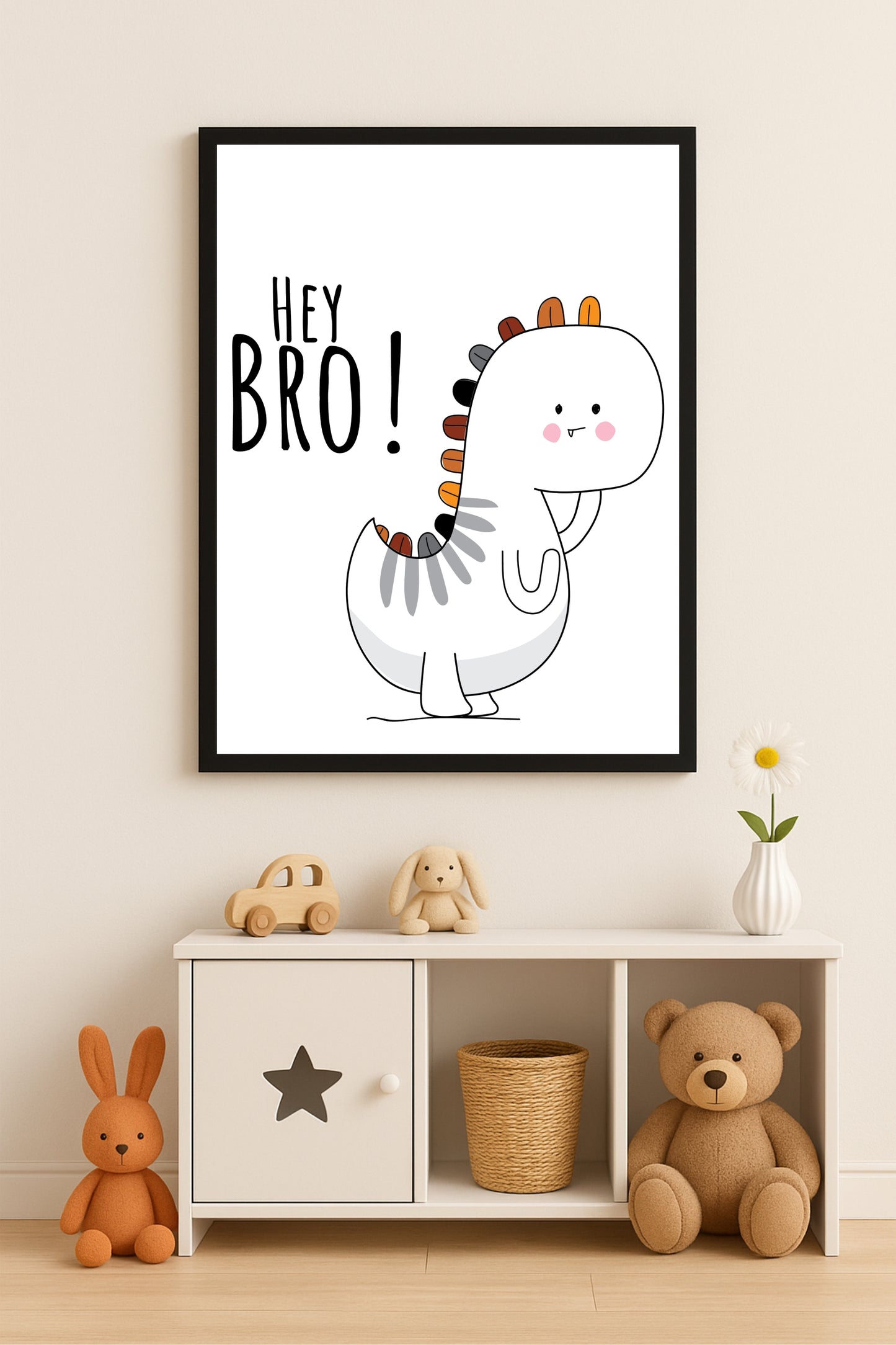 “Hey Bro Dino Wall Frame – Playful Dinosaur Art for Kids’ Room 🦖🧡”