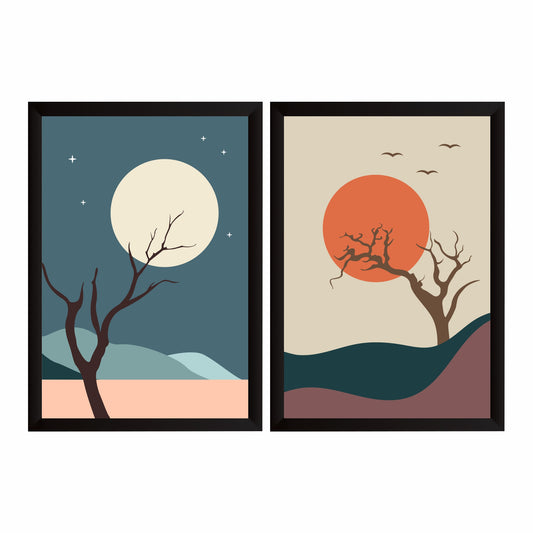 Boho Sunset Landscape Wall Art Set of 2 | Minimalist Moon & Sun Tree Nature Prints