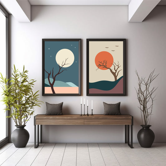 Boho Sunset Landscape Wall Art Set of 2 | Minimalist Moon & Sun Tree Nature Prints