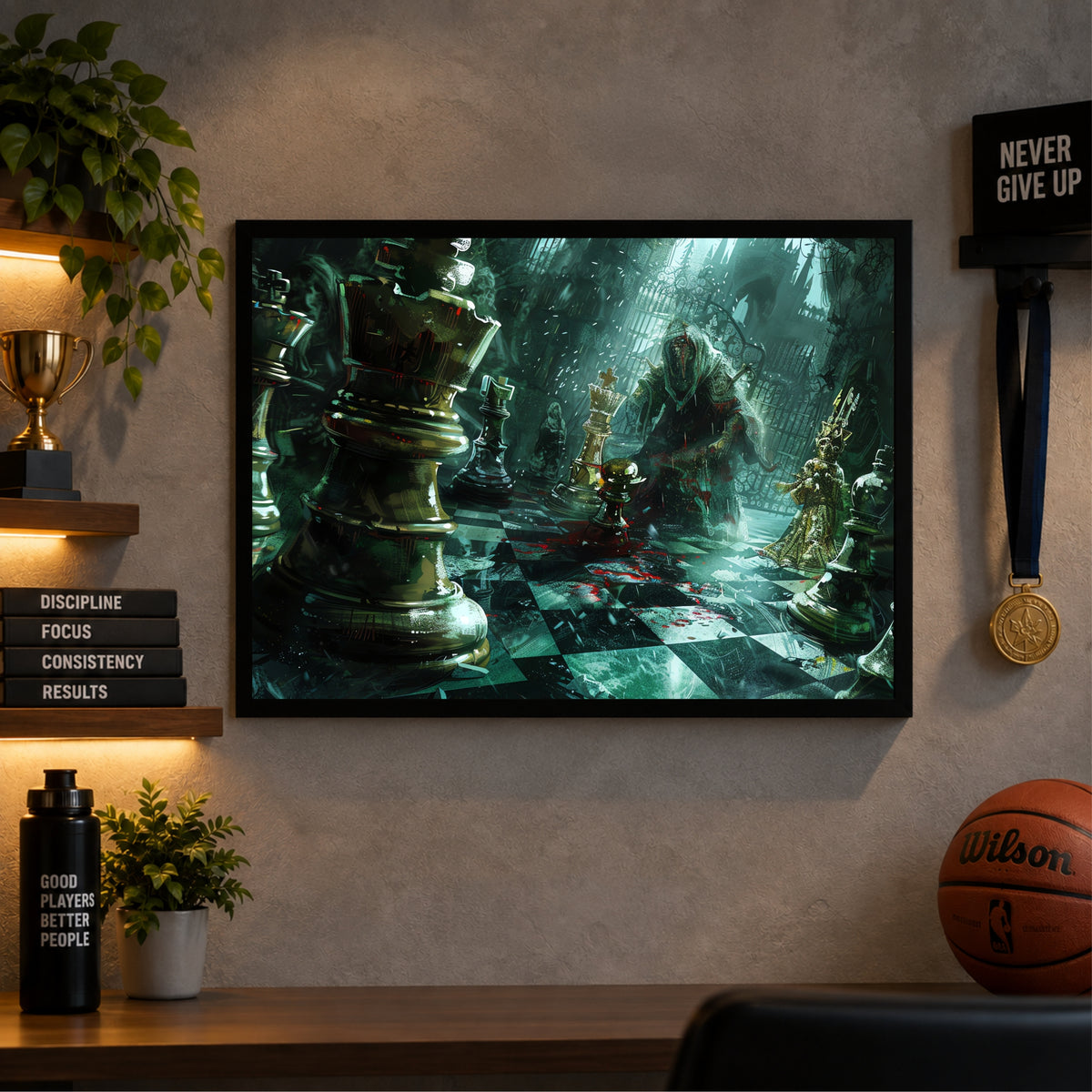 Fantasy Chess Wall Art | Framed Chess King & Pieces Artwork | Gothic Strategy & Mindset Décor
