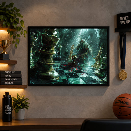 Fantasy Chess Wall Art | Framed Chess King & Pieces Artwork | Gothic Strategy & Mindset Décor