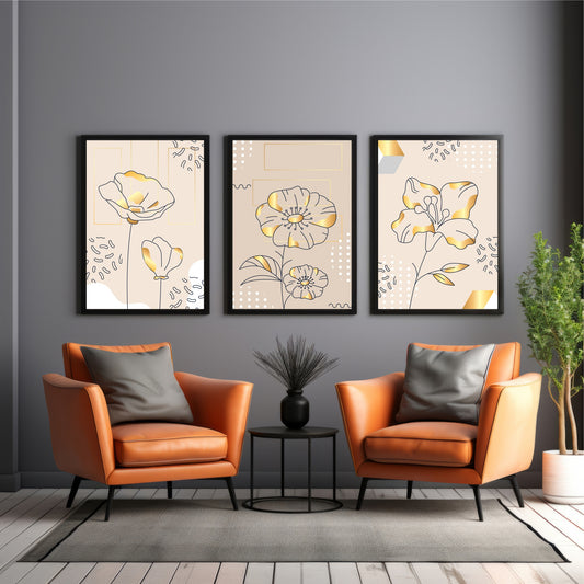 Abstract Floral Gold Line Art Wall Art Set of 3 – Elegant Botanical Prints
