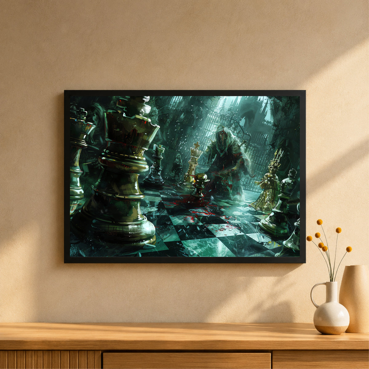 Fantasy Chess Wall Art | Framed Chess King & Pieces Artwork | Gothic Strategy & Mindset Décor