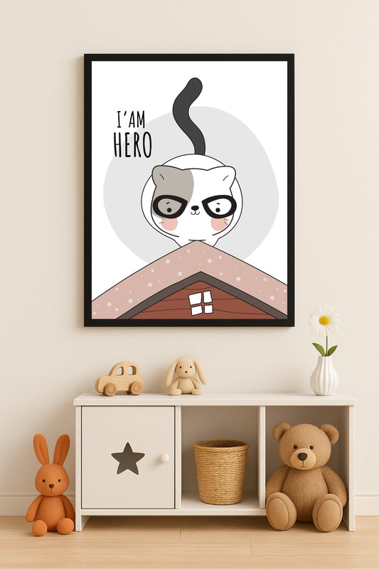 “I’m Hero Cat Wall Frame – Fun Super Cat Art for Kids’ Room 🐱💫”