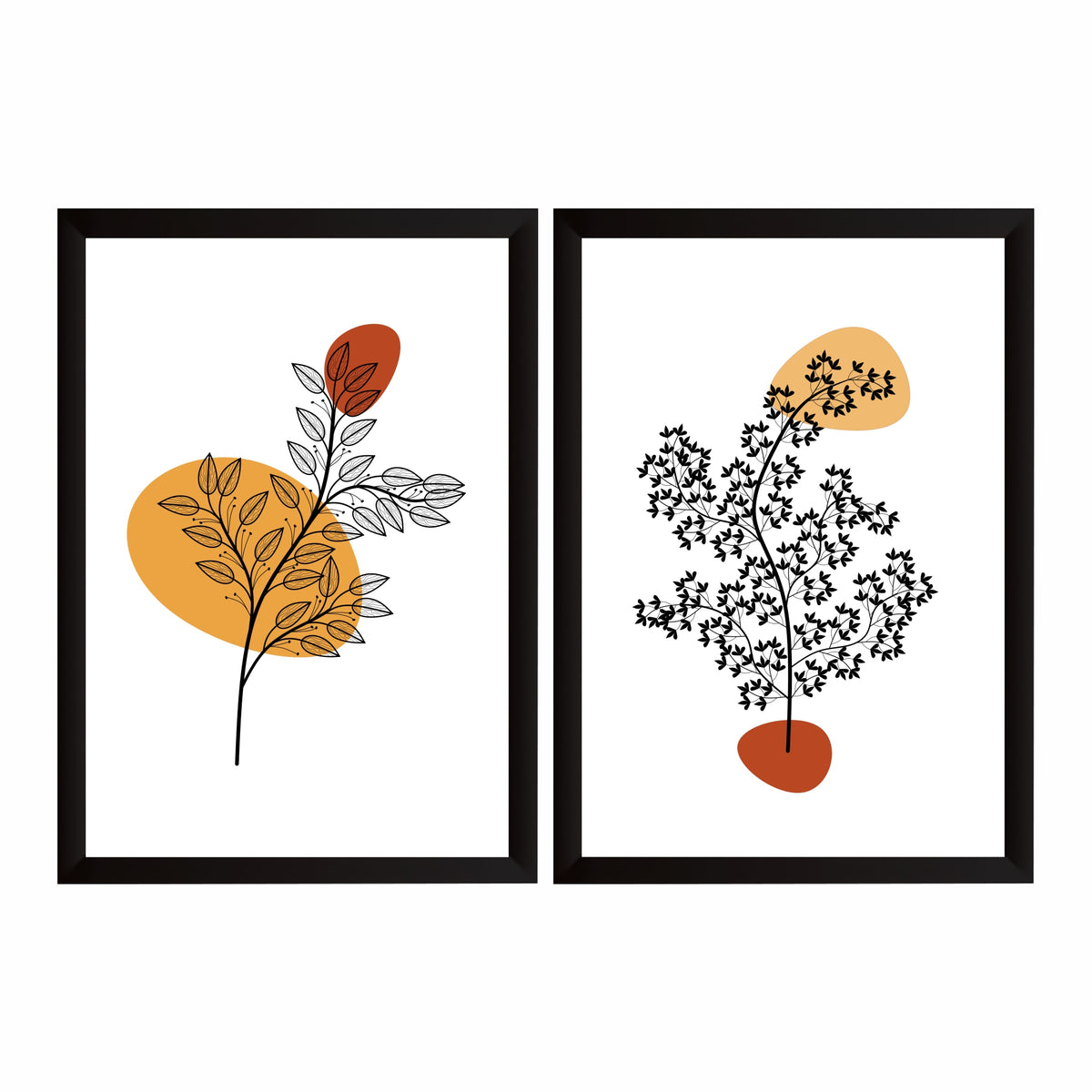 Botanical Branch Wall Art Set of 2 | Minimalist Black Leaf Line Art with Abstract Orange Shapes