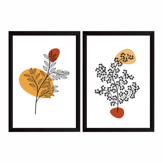 Botanical Branch Wall Art Set of 2 | Minimalist Black Leaf Line Art with Abstract Orange Shapes