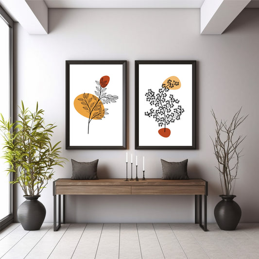 Botanical Branch Wall Art Set of 2 | Minimalist Black Leaf Line Art with Abstract Orange Shapes