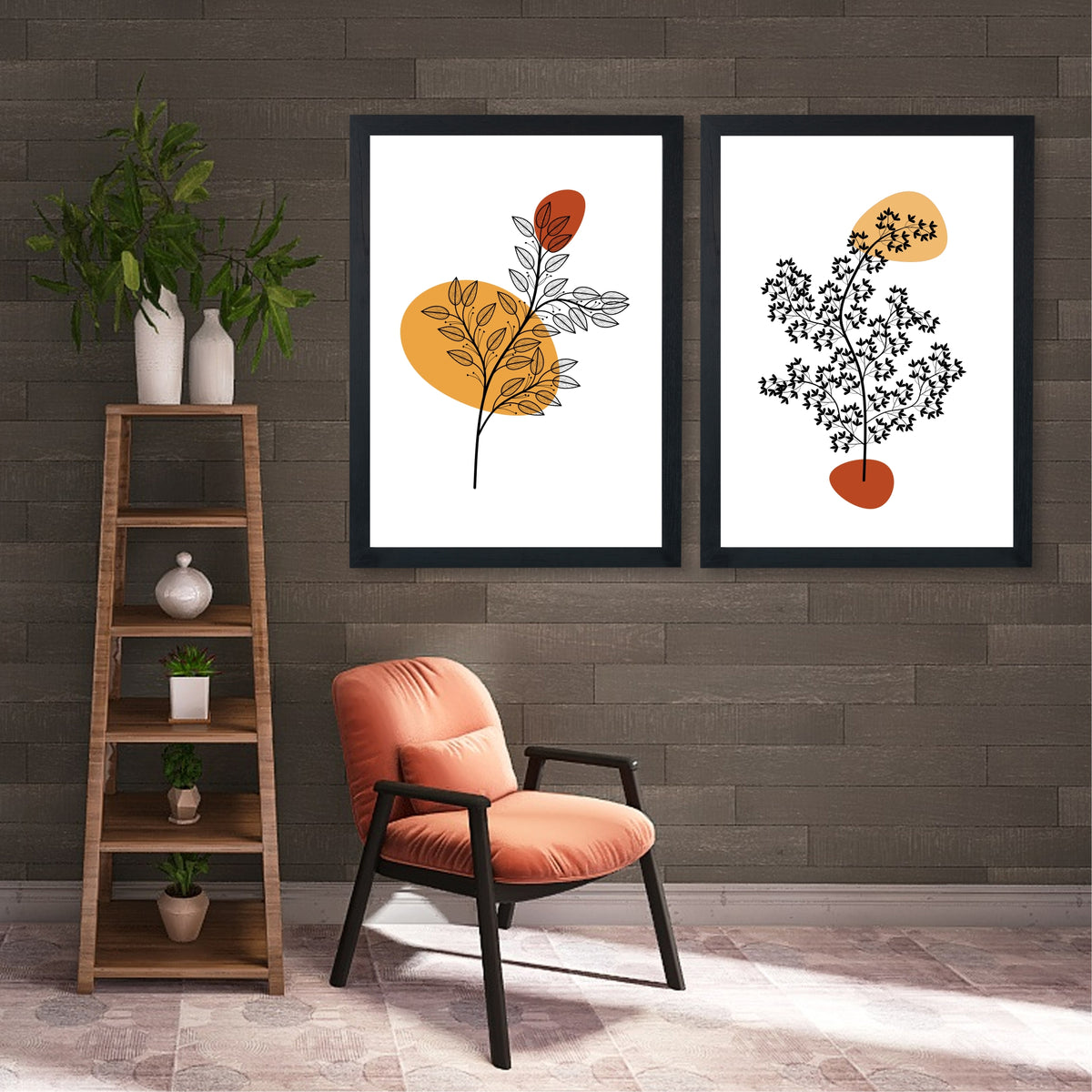 Botanical Branch Wall Art Set of 2 | Minimalist Black Leaf Line Art with Abstract Orange Shapes