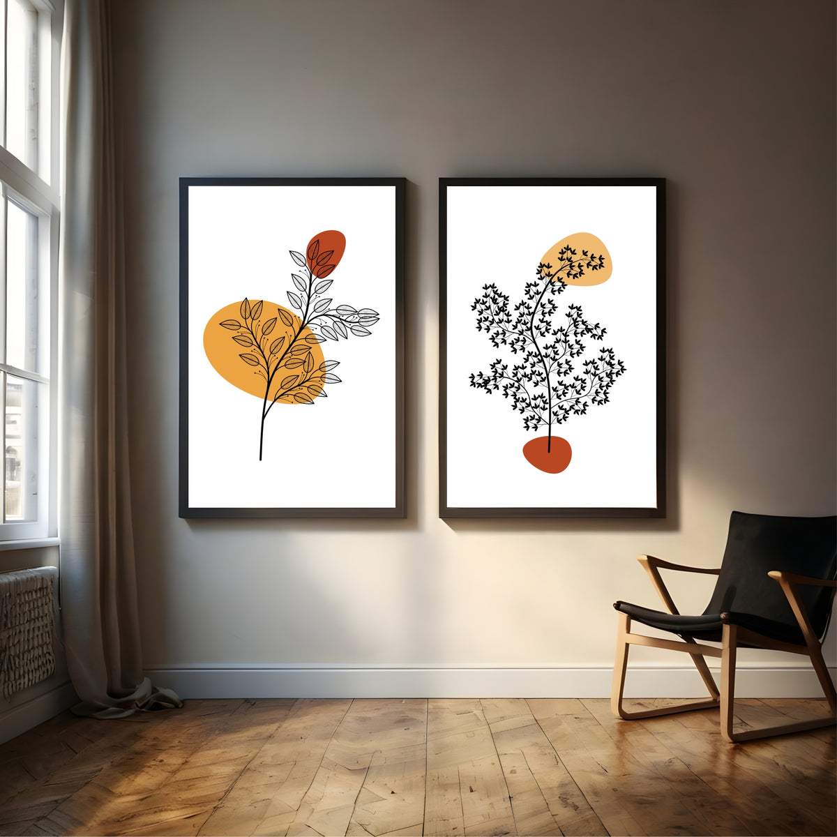 Botanical Branch Wall Art Set of 2 | Minimalist Black Leaf Line Art with Abstract Orange Shapes