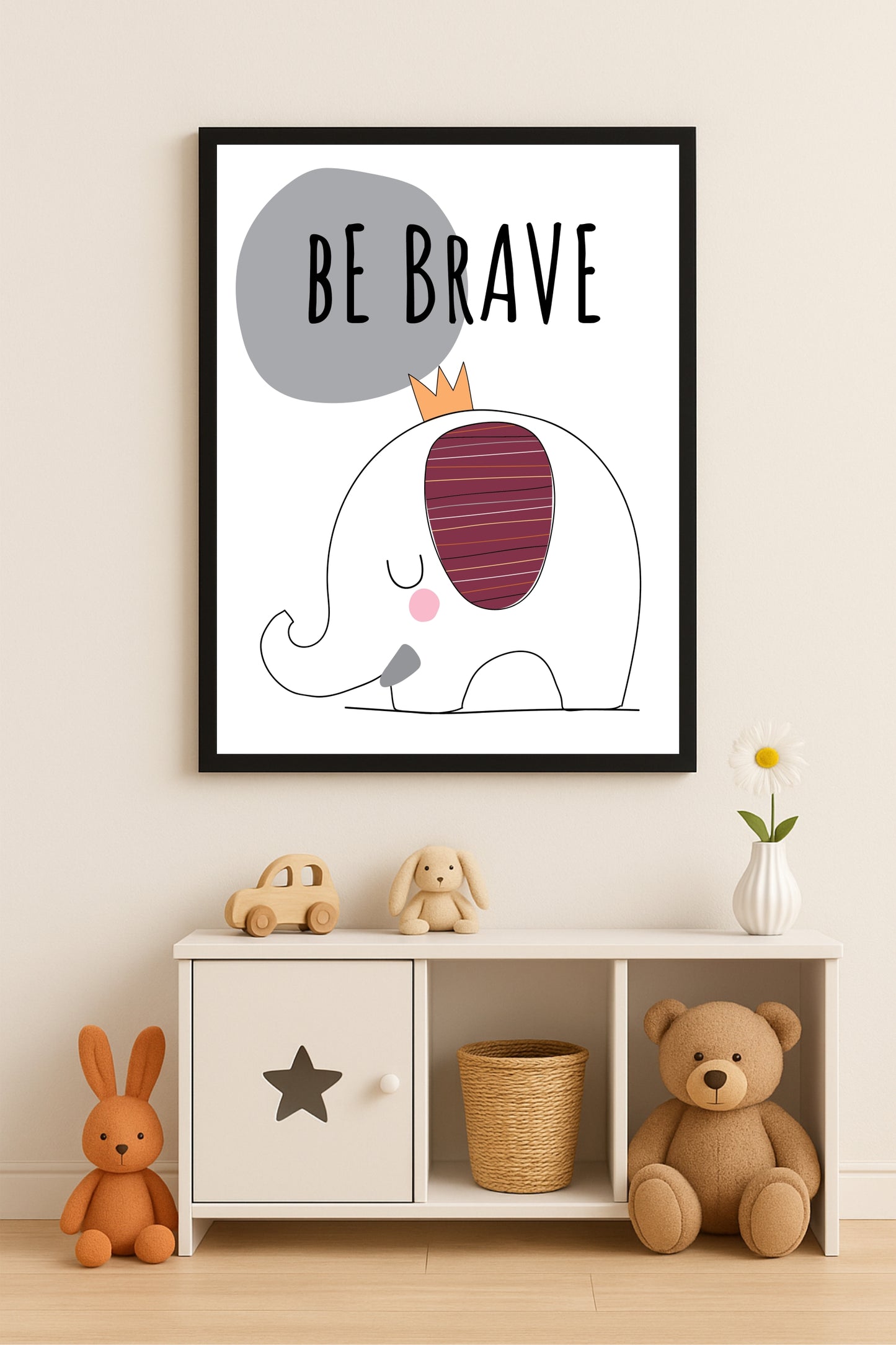 Brave Elephant Wall Frame – Motivational Art for Kids’ Room Décor 🐘👑