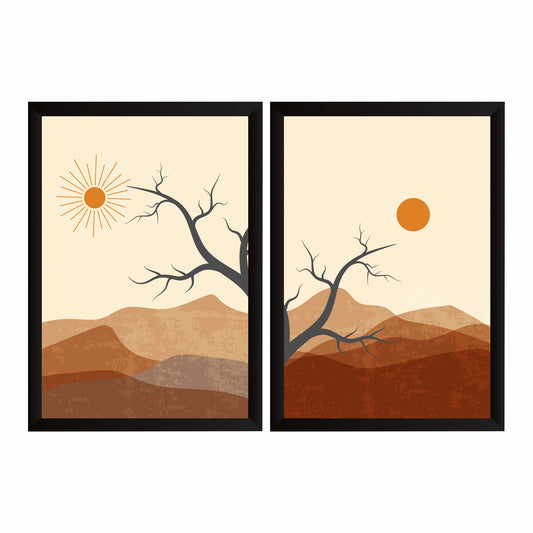 Desert Landscape Wall Art Set of 2 | Minimalist Mountain Sunset Tree Nature Prints
