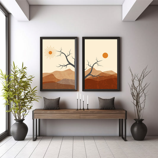 Desert Landscape Wall Art Set of 2 | Minimalist Mountain Sunset Tree Nature Prints