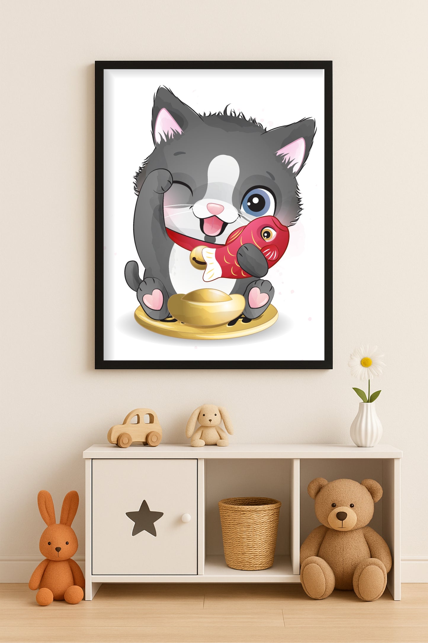 Lucky Fishy Cat Wall Frame – Playful Animal Art for Kids’ Room & Home Décor 🐟🐱