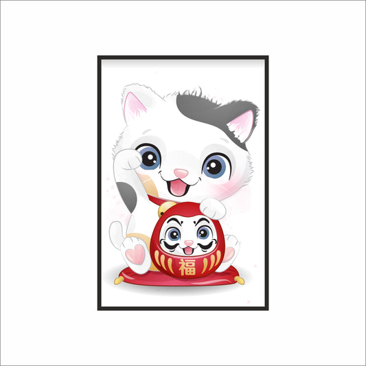 Lucky Kitty Wall Frame – Cute Maneki Cat Art for Kids’ Room & Home Décor 🐱❤️