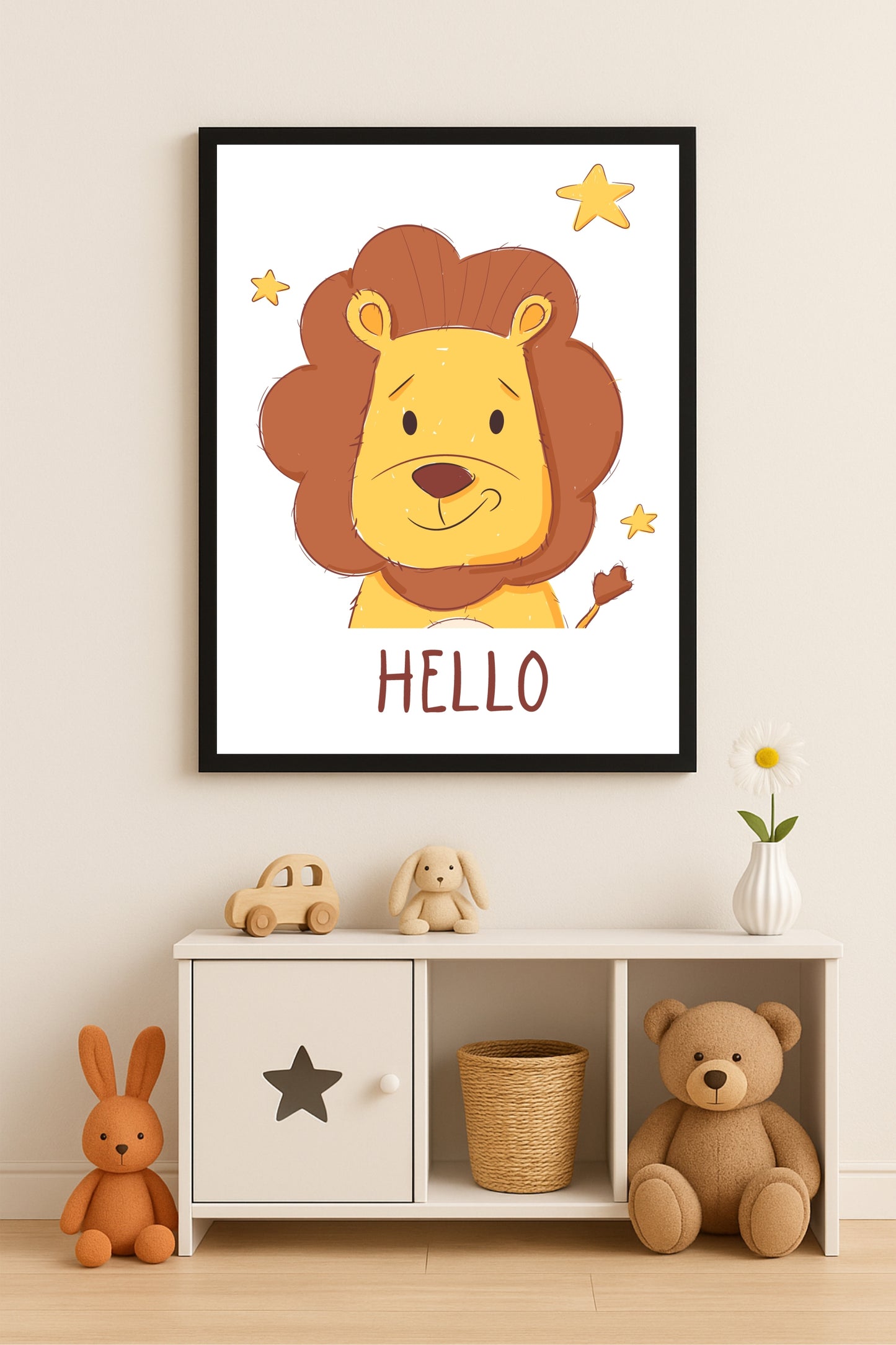 Hello Lion Wall Frame – Cute Animal Art for Kids’ Room Décor 🦁💛