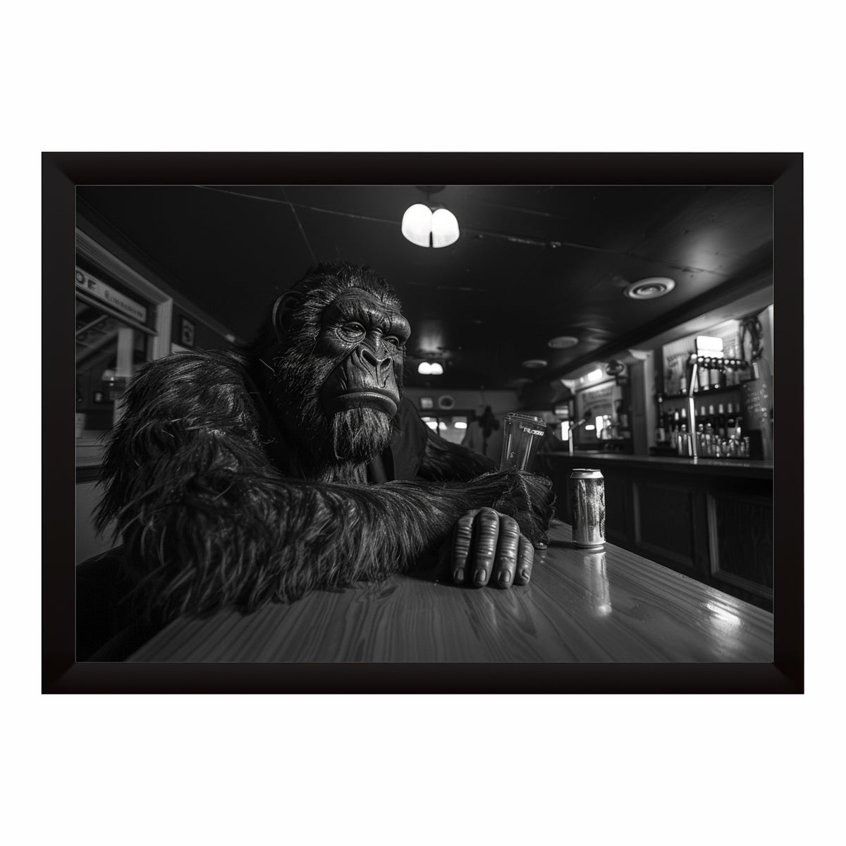Gorilla Wall Art | Framed Black & White Gorilla at Bar Artwork | Modern Animal Décor | Bar & Man Cave Wall Décor