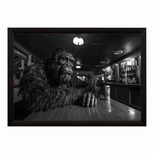Gorilla Wall Art | Framed Black & White Gorilla at Bar Artwork | Modern Animal Décor | Bar & Man Cave Wall Décor