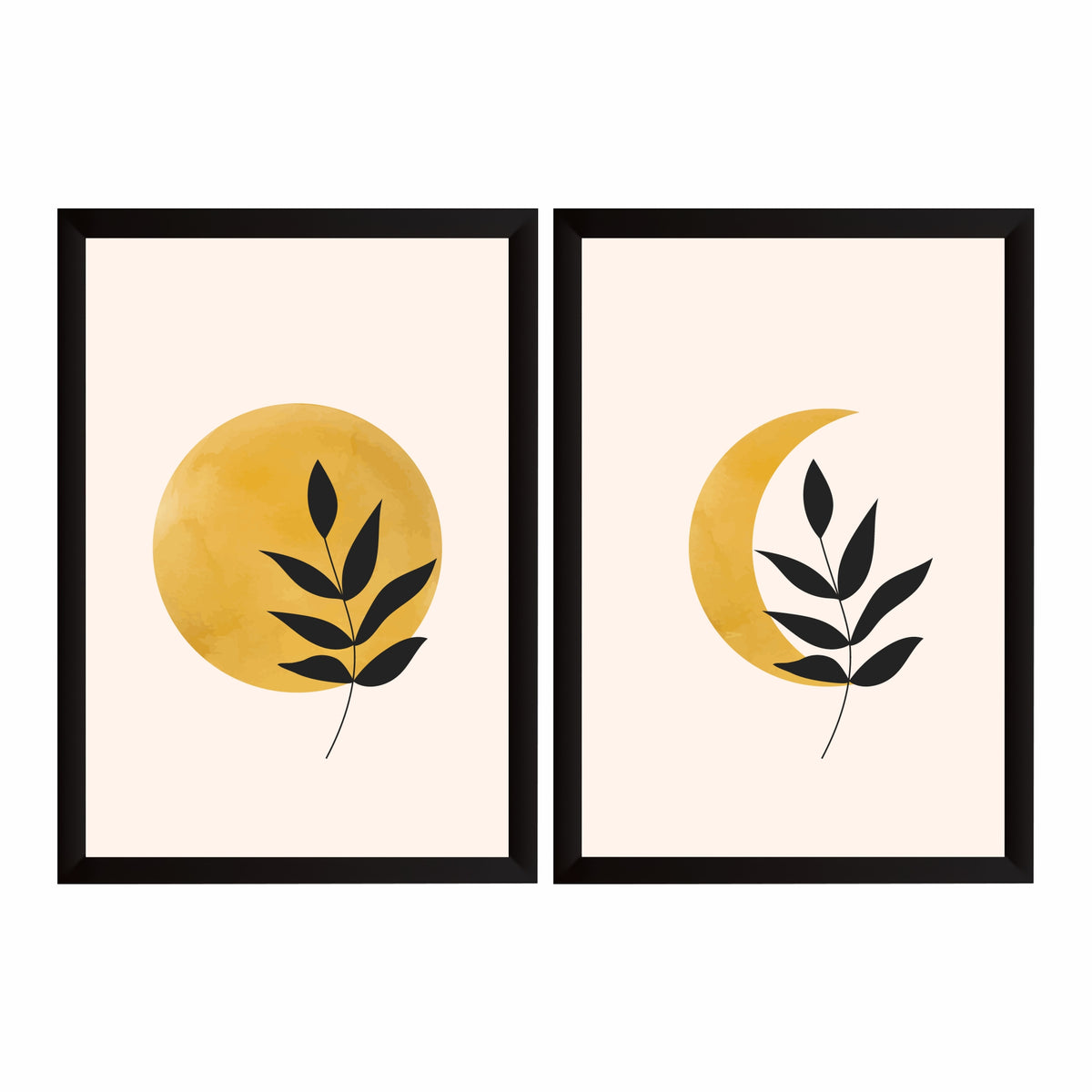 Sun & Moon Botanical Wall Art Set of 2 | Minimalist Celestial Plant Prints