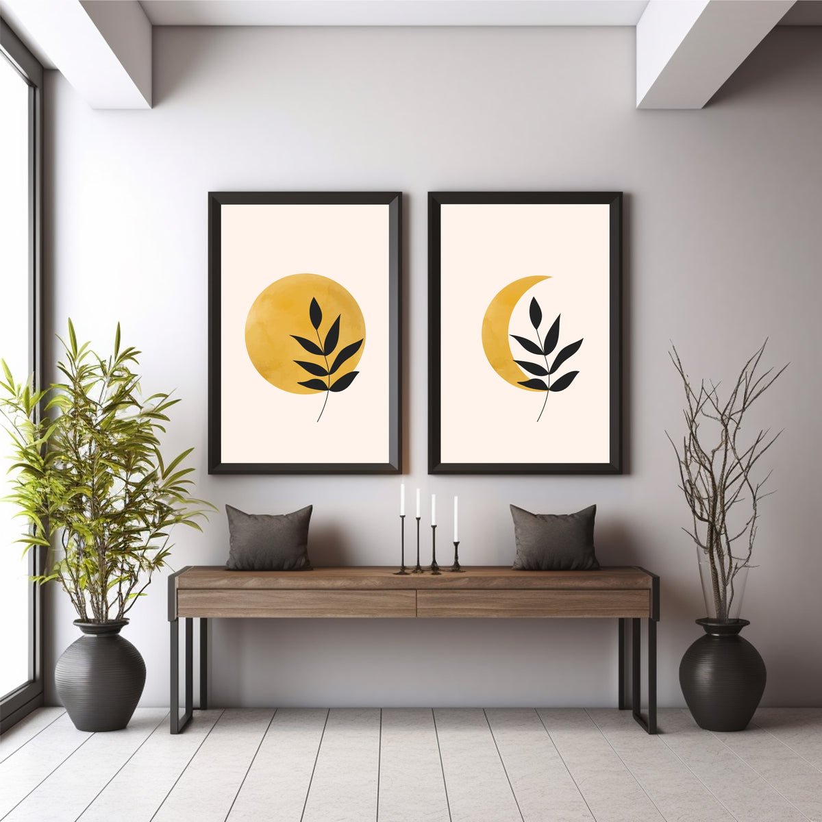 Sun & Moon Botanical Wall Art Set of 2 | Minimalist Celestial Plant Prints