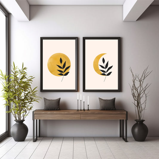 Sun & Moon Botanical Wall Art Set of 2 | Minimalist Celestial Plant Prints