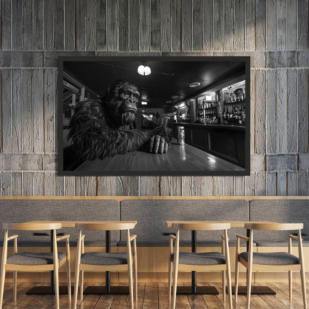 Gorilla Wall Art | Framed Black & White Gorilla at Bar Artwork | Modern Animal Décor | Bar & Man Cave Wall Décor
