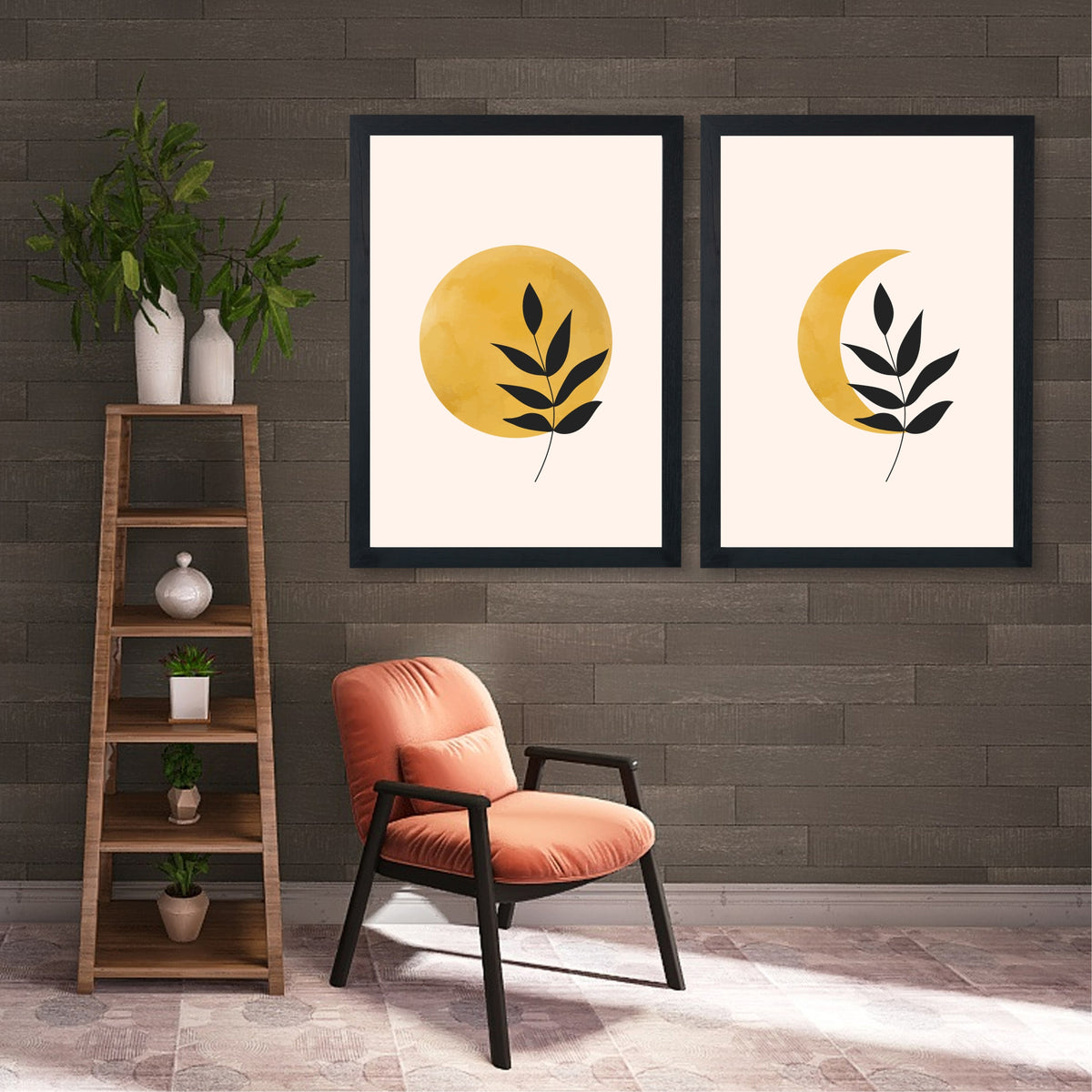 Sun & Moon Botanical Wall Art Set of 2 | Minimalist Celestial Plant Prints