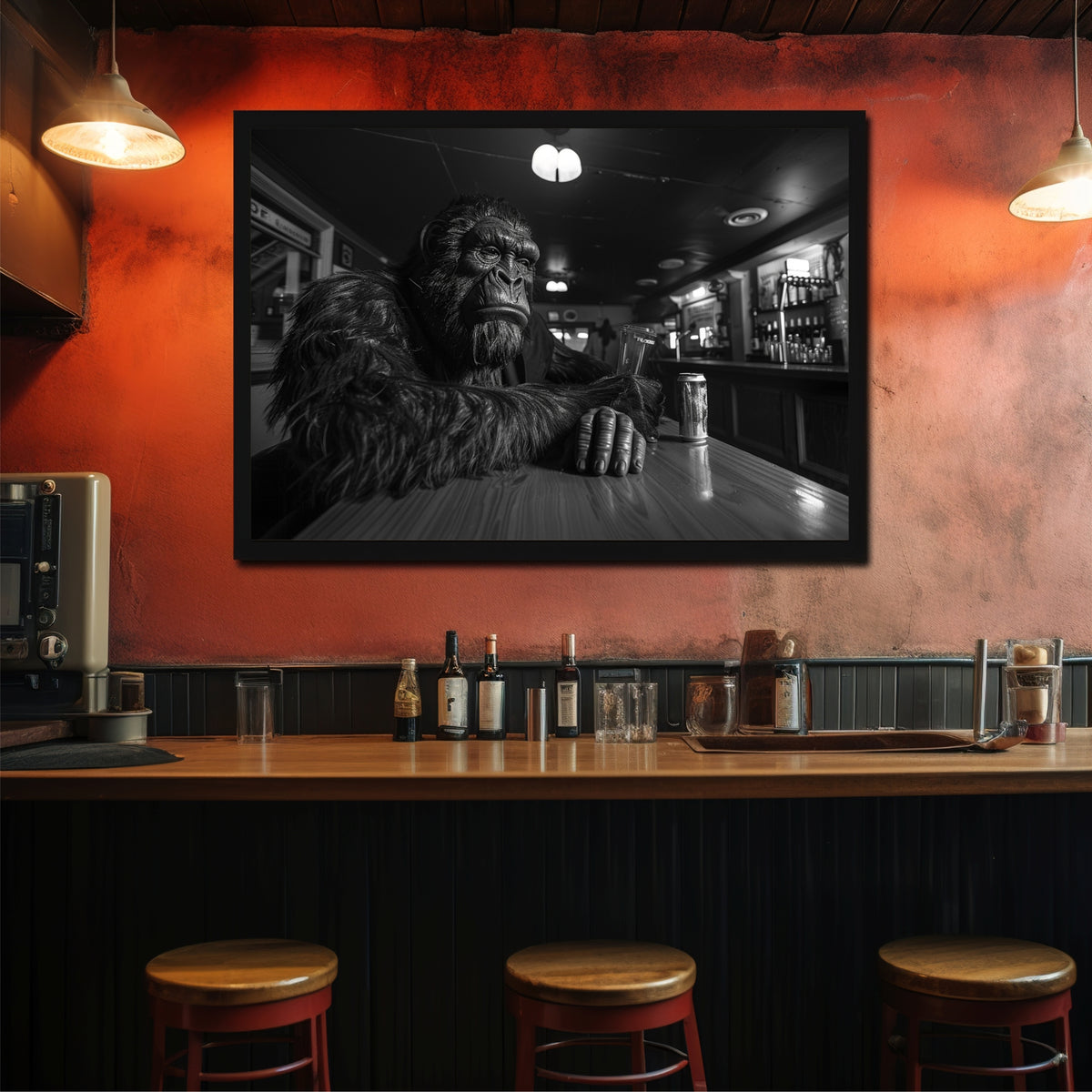 Gorilla Wall Art | Framed Black & White Gorilla at Bar Artwork | Modern Animal Décor | Bar & Man Cave Wall Décor