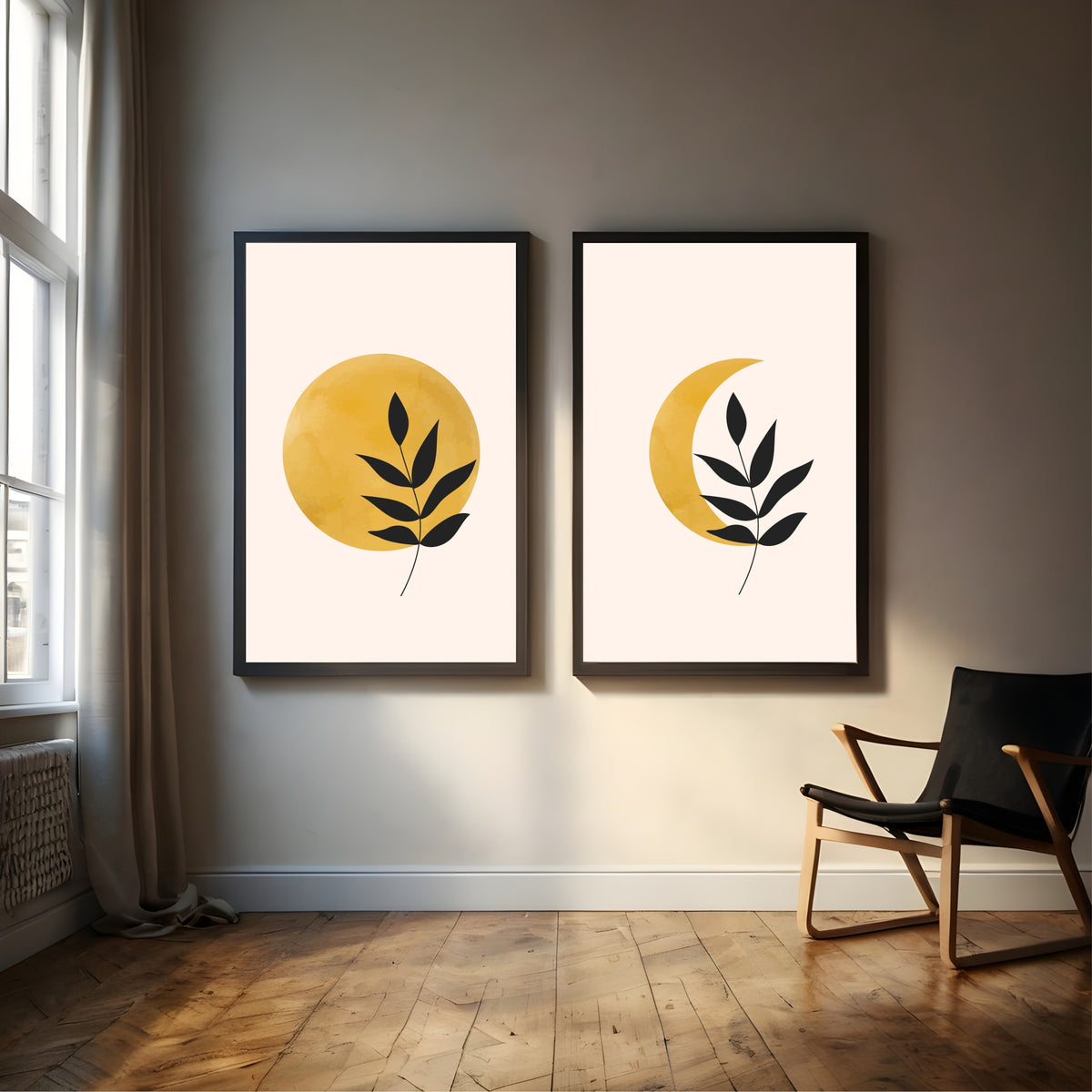 Sun & Moon Botanical Wall Art Set of 2 | Minimalist Celestial Plant Prints