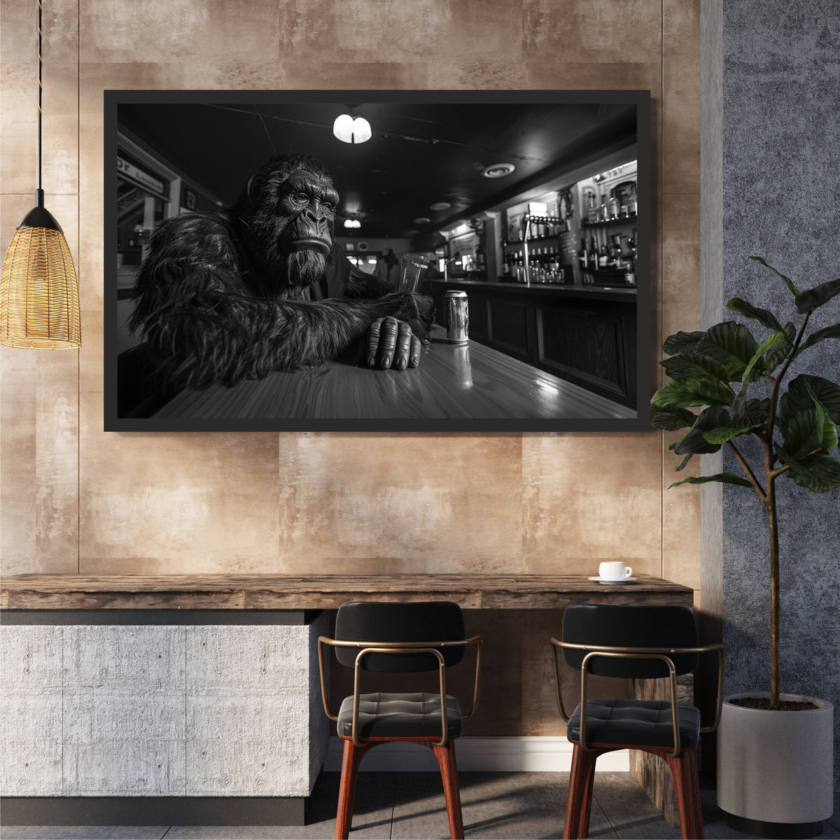Gorilla Wall Art | Framed Black & White Gorilla at Bar Artwork | Modern Animal Décor | Bar & Man Cave Wall Décor
