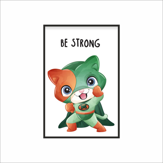 Be Strong Superhero Cat Wall Frame – Motivational Art for Kids’ Room 🐱💪✨