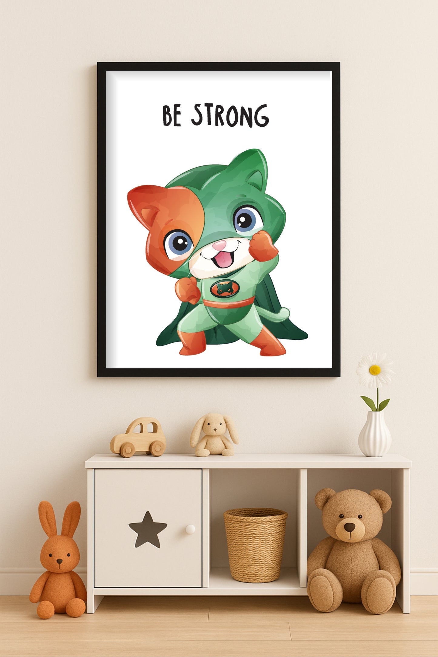 Be Strong Superhero Cat Wall Frame – Motivational Art for Kids’ Room 🐱💪✨