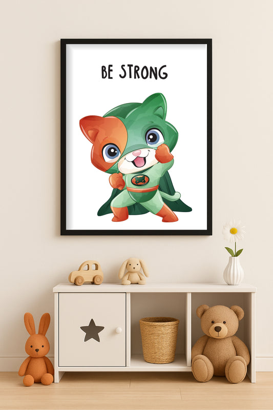 Be Strong Superhero Cat Wall Frame – Motivational Art for Kids’ Room 🐱💪✨