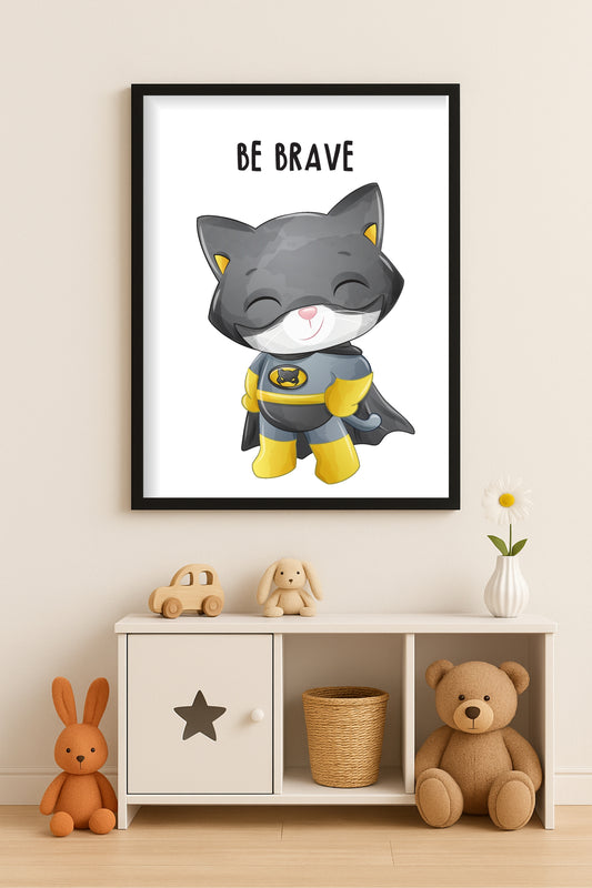 Be Brave Super Cat Wall Frame – Motivational Kids’ Room Art 🐱🦸‍♂️✨