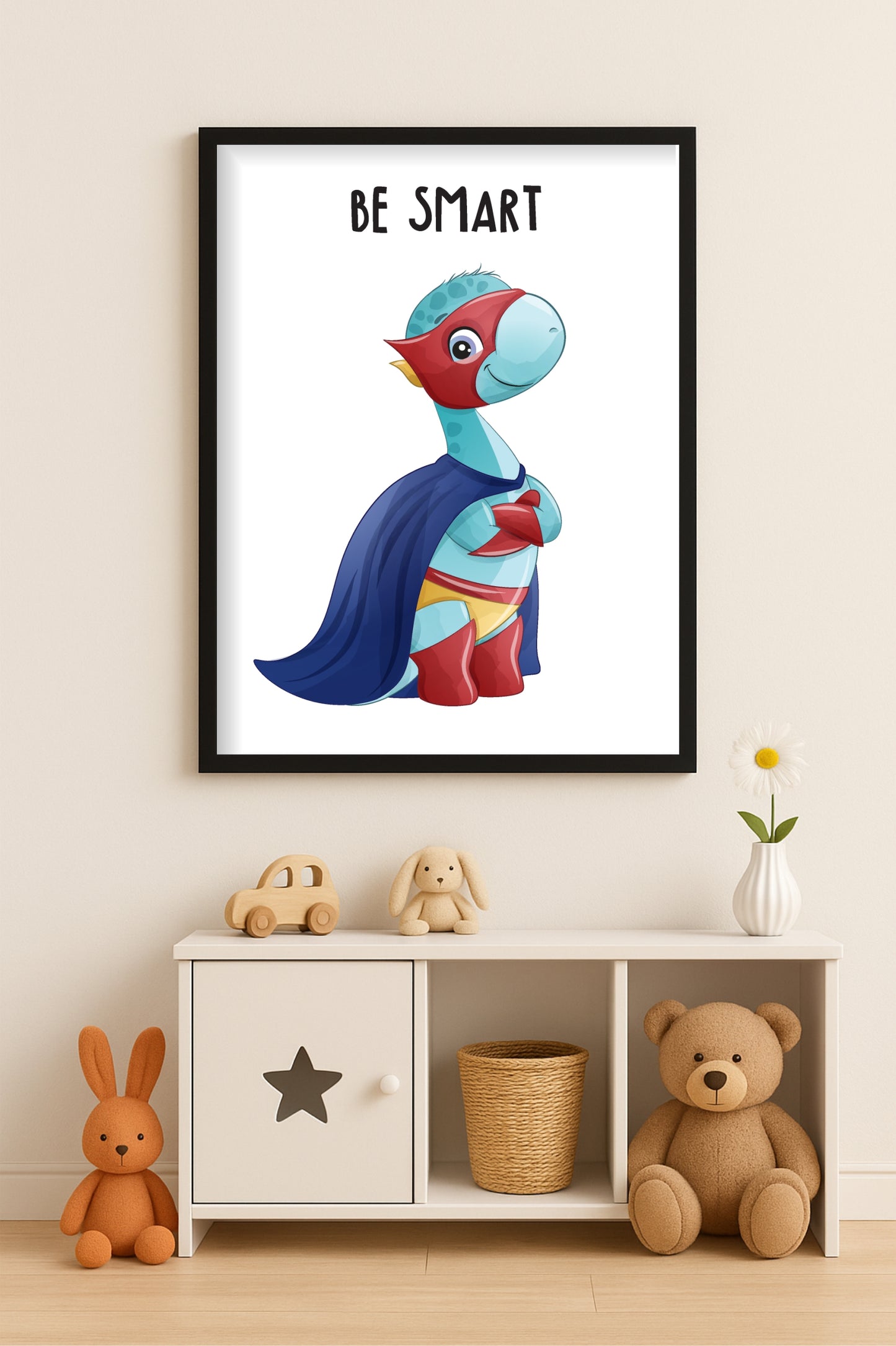 Be Smart Dino Wall Frame – Fun Superhero Art for Kids’ Room 🦕🧠✨