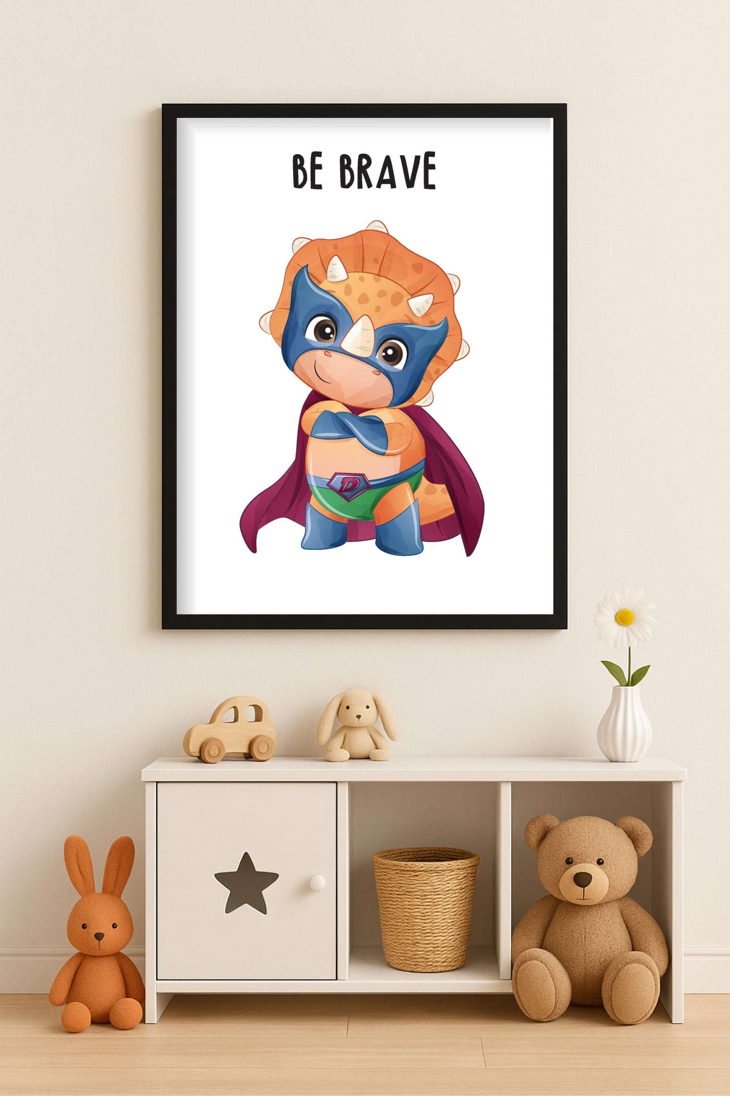 Be Brave Dino Wall Frame – Courageous Cutie for Kids’ Room 🦖✨💖