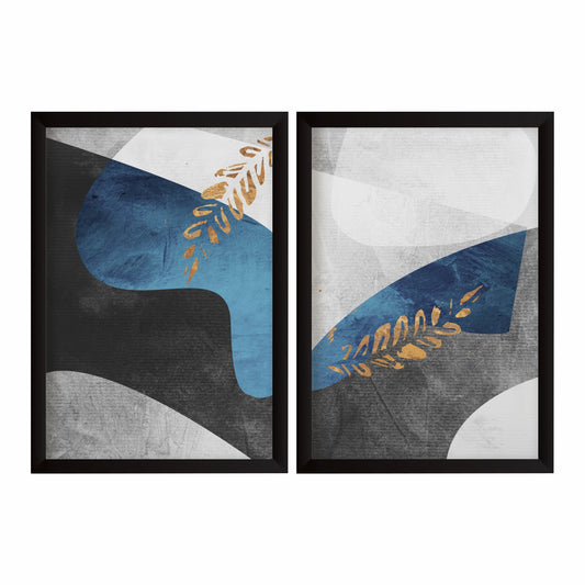 Modern Abstract Wall Art Set of 2 | Blue & Gold Textured Prints