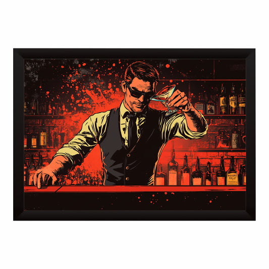 Bartender Wall Art | Framed Modern Bar Artwork | Cocktail & Pub Décor | Stylish Man at Bar Illustration