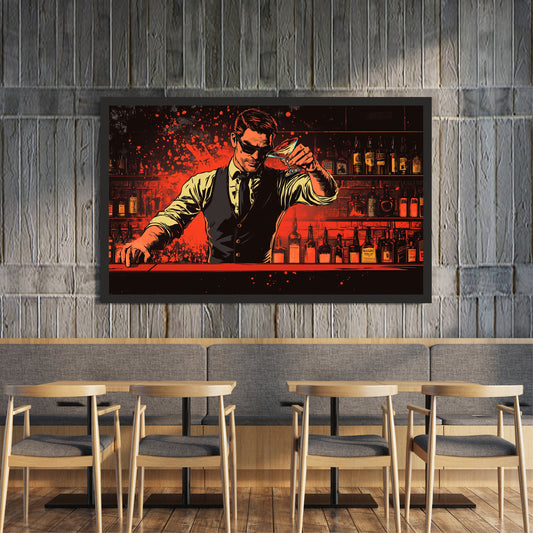 Bartender Wall Art | Framed Modern Bar Artwork | Cocktail & Pub Décor | Stylish Man at Bar Illustration