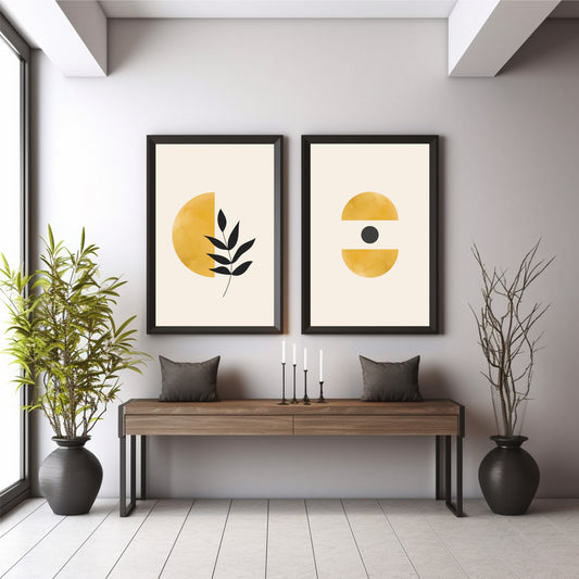 Sun & Moon Abstract Wall Art Set of 2 | Minimalist Botanical Celestial Prints