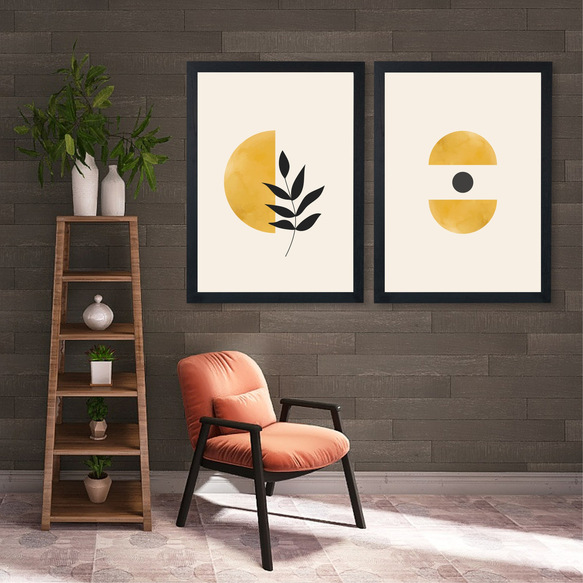 Sun & Moon Abstract Wall Art Set of 2 | Minimalist Botanical Celestial Prints