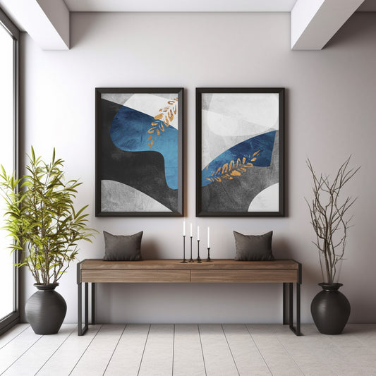 Modern Abstract Wall Art Set of 2 | Blue & Gold Textured Prints